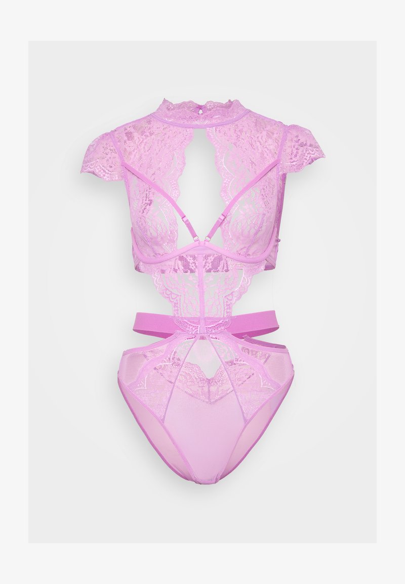 Lace bodysuit in light pink with a high neckline, cap sleeves, cut-outs, and strap detailing. Features floral patterns and a sheer texture.