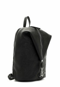 Black leather backpack with a textured finish, zippered closure, and a single top handle. Features a modern design with a slouchy shape.