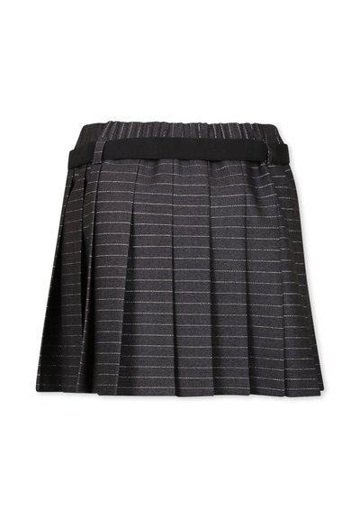 Jupe plissée noire avec des rayures argentées, taille élastique et ceinture solide. Présente des plis nets et une texture lisse.