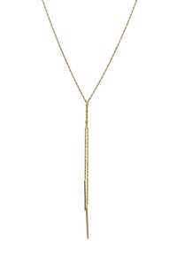 Goldfarbene lange Halskette mit einer verdrehten Kette und zwei vertikalen Stab-Akzenten, die von einem zentralen Knoten hängen. Minimalistisches Design mit glatter Textur.