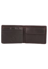 Brown leather wallet with a smooth texture, featuring multiple card slots and a pocket. Stitched edges and embossed logo detail.
