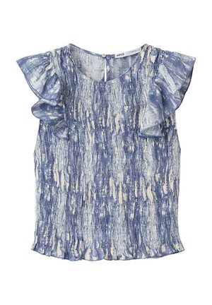 Blusa senza maniche tie-dye blu e bianca con maniche a cappuccio arricciate e tessuto arricciato con lavorazione smock su tutta la stoffa.