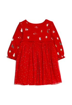 Rotes Kleinkindkleid mit langen Ärmeln, verziert mit kleinen Weihnachtsikonen oben und einem glitzernden Tüllrock.