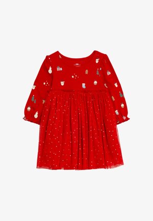 Robe rouge pour tout-petit à manches longues, décorée de petites icônes de Noël sur le haut et une jupe en tulle scintillante.