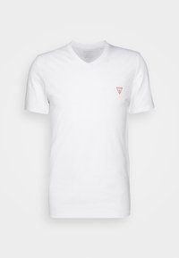 Hvid bomulds V-hals t-shirt med korte ærmer og et lille rødt trekantet logo på venstre bryst. Glat tekstur, klassisk pasform.