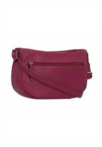 Bolso de bandolera en cuero de un rosa profundo, con un bolsillo frontal con cremallera, una correa larga ajustable y una textura suave con hardware mínimo.