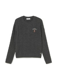 Suéter gris de punto trenzado con cuello redondo, que presenta un pequeño oso bordado y el texto "BROWNIE" en el pecho. Mangas largas, dobladillo acanalado.