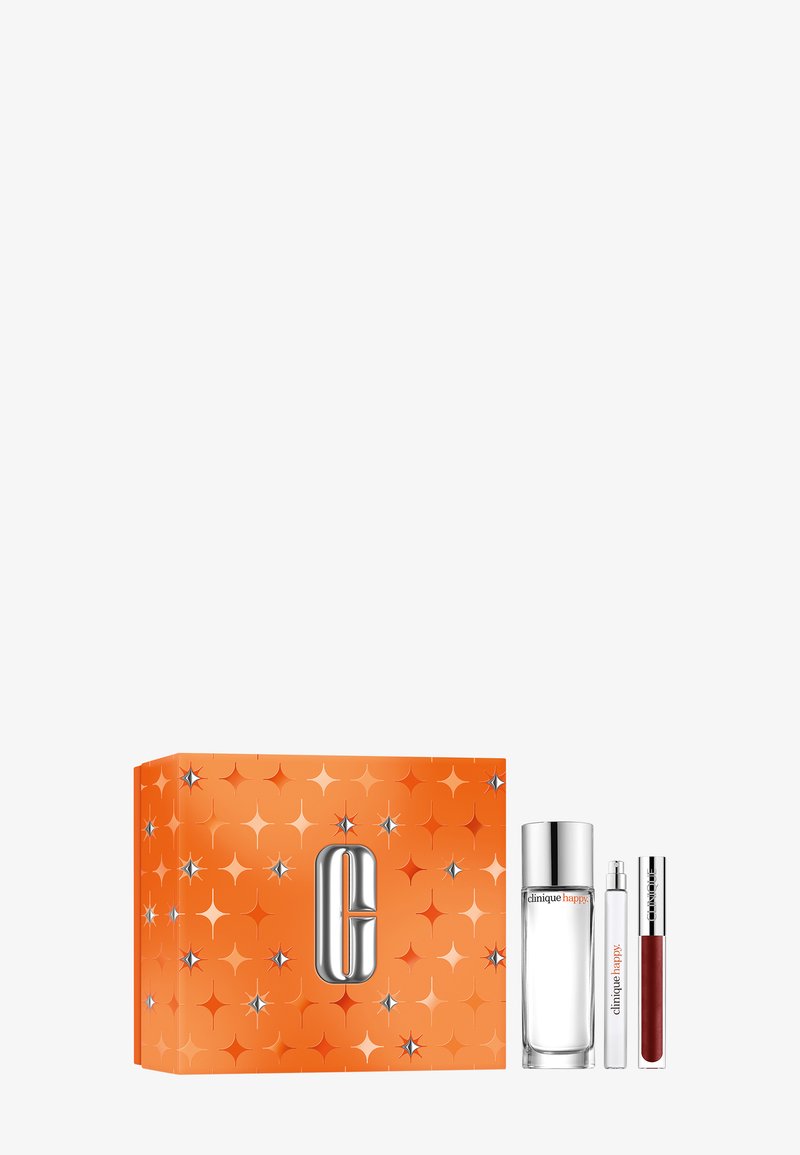 Clinique gaveesett med en orange stjernemønstret eske, som inneholder en glassparfymeflaske, en reisespray og et rødt leppemerke.