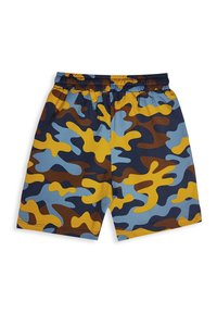 Shorts taille élastique avec un motif camouflage abstrait bleu, jaune et marron, posés à plat sur fond blanc.