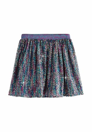 Mehrfarbiger Paillettenrock mit lila elastischem Taillenbund. Hat ein schwingendes Design und glänzende Texturen in Blau, Pink und Silber.