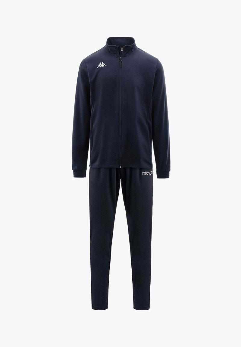 Survêtement bleu marine avec veste zippée intégrale et pantalon assorti, logos blancs Kappa sur la poitrine et la hanche, poignets élastiques aux manches.