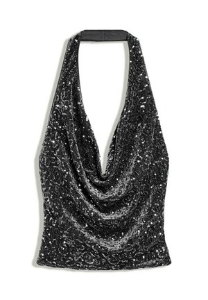 Haut noir à paillettes avec encolure dos nu et décolleté drapé plongeant, présenté sur fond blanc.