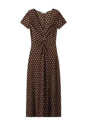 Abito midi marrone a maniche corte con pois bianchi, scollo a V e dettaglio nodo annodato sul davanti.