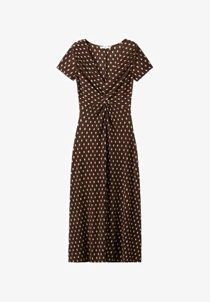 Abito midi marrone a maniche corte con pois bianchi, scollo a V e dettaglio nodo annodato sul davanti.