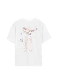 White cotton t-shirt featuring "Scalpers Tour" graphic in colorful text on the back, surrounded by stars and heart patterns.