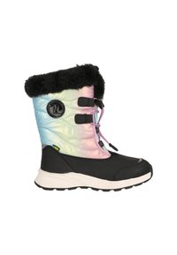 Stivali da neve isolati neri e iridescenti con bordo in pelliccia finta, parte superiore imbottita e suola in gomma. Presentano chiusure con lacci e logo circolare.