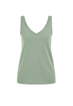 Maiou fără mâneci de culoare verde deschis, cu decolteu în V și material simplu, neted, afișat pe un fundal alb simplu.