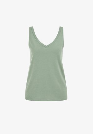 Lepršava svjetlozelena majica bez rukava s V-izrezom i jednostavnom, glatkom tkaninom, prikazana na čistoj bijeloj pozadini.