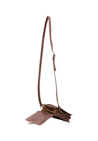 Borsa a tracolla in pelle marrone con tracolla regolabile, due scomparti e una superficie liscia. Presenta una chiusura con zip e un piccolo pattina.