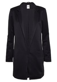 Veste noire avec une finition texturée, fermeture à un bouton, manches longues et deux poches avant, avec un col à revers cranté.