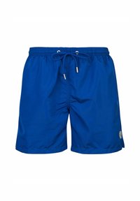 Blaue Badeshorts mit elastischem Bund und Kordelzug, ausgestattet mit silbernen Hardware-Akzenten und einem kleinen Logo-Patch an der Seite.