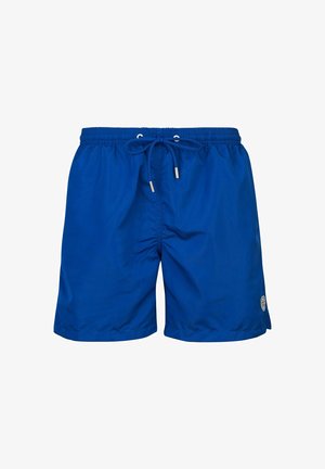 Blaue Badeshorts mit elastischem Bund und Kordelzug, ausgestattet mit silbernen Hardware-Akzenten und einem kleinen Logo-Patch an der Seite.