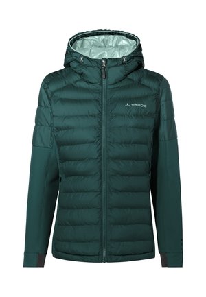 Dunkelgrüne gefütterte Jacke mit Kapuze, durchgehendem Reißverschluss und Vaude-Logo auf der Brust, entworfen für den Outdoor-Einsatz.