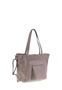 Borsa a tracolla in pelle color malva con tasca frontale con zip, dettaglio a nappina, doppi manici e tracolla laterale regolabile.