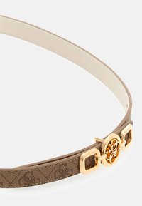 Pruun kangast vöö kuldse tooniga riistvaraga, millel on keerukas ümmargune pandla ja ristkülikukujulised aktsendid. Sile sisevooder.