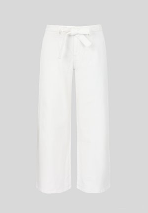 Wide-leg white trousers with a high waist and fabric belt tied in a bow, displayed against a plain gray background.