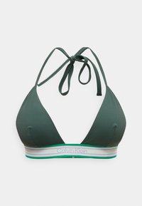 Grøn trekant-bikinitop med halterneck-stropper og stribet elastikbånd med Calvin Klein-logo.