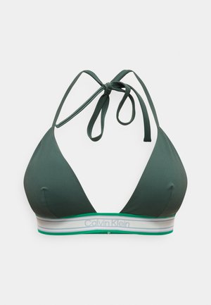 Grønn trekant-bikinitopp med halterhalsbånd og stripete elastisk bånd med Calvin Klein-logo.