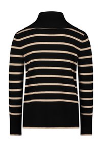 Pull rayé à col montant, avec des rayures horizontales noires et beiges. Fabriqué en tissu doux, avec des poignets et un ourlet côtelés.