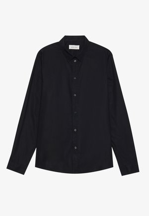 Black long-sleeve button-up shirt with a classic collar, displayed flat against a white background.
