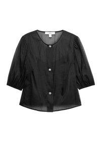 Zwarte blouse met pofmouwen, gemaakt van doorschijnende stof, met een ronde halslijn en vijf decoratieve kristallen knopen aan de voorkant.