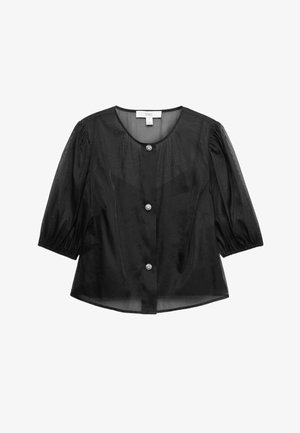 Zwarte blouse met pofmouwen, gemaakt van doorschijnende stof, met een ronde halslijn en vijf decoratieve kristallen knopen aan de voorkant.