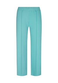 Turquoise elastische taillebroek met een rechte pijpdesign, voorzien van subtiele zijnaad en een gladde, zachte textuur. Geen extra details.