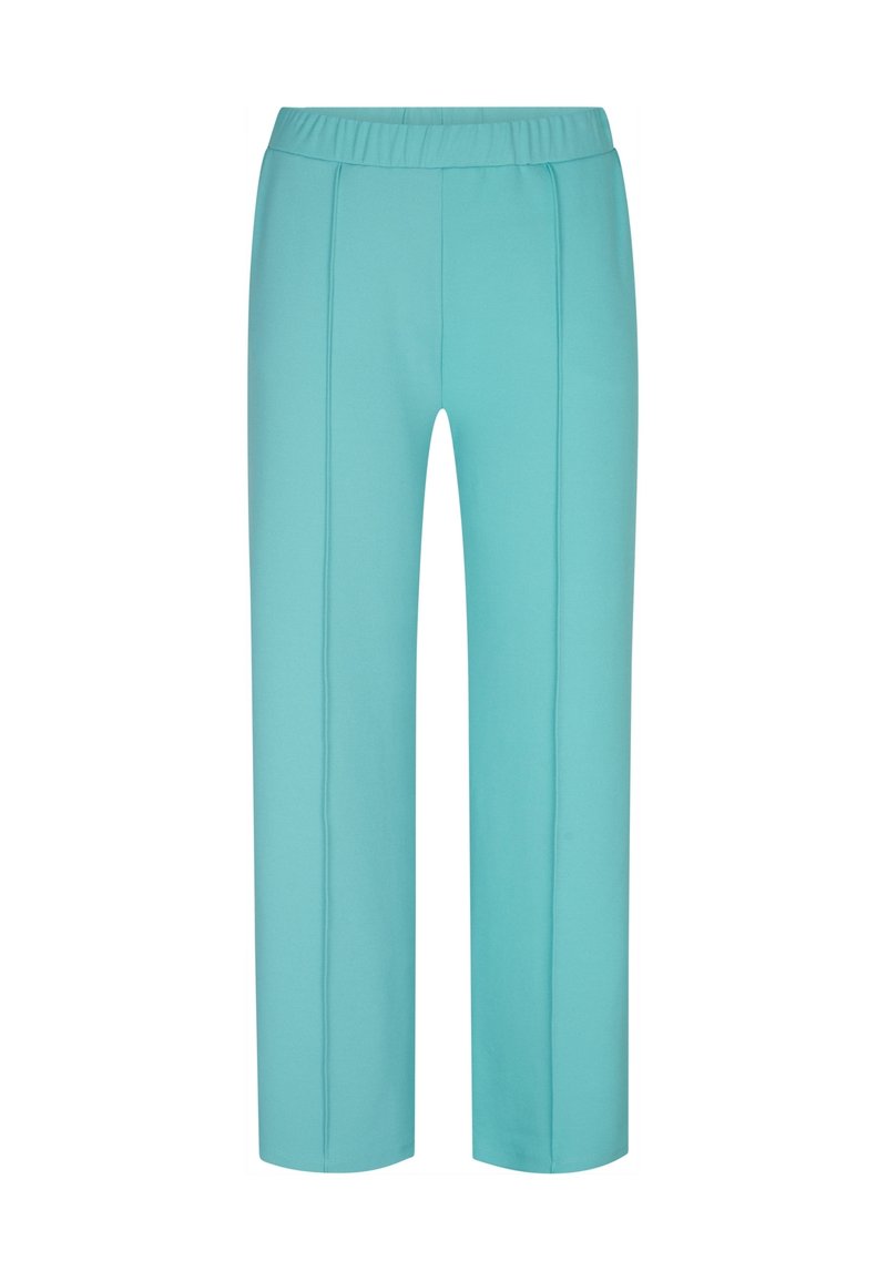 Turquoise elastische taillebroek met een rechte pijpdesign, voorzien van subtiele zijnaad en een gladde, zachte textuur. Geen extra details.