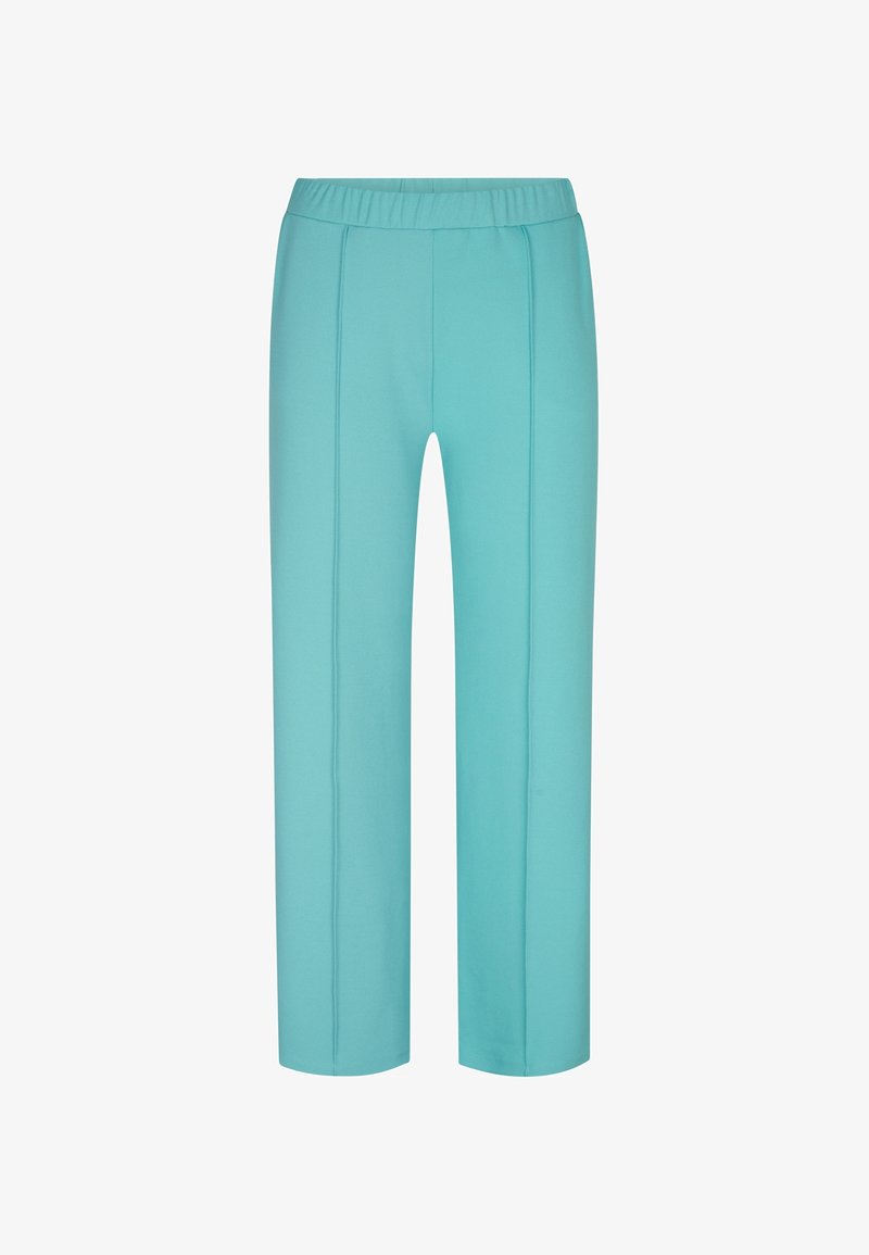 Turquoise elastische taillebroek met een rechte pijpdesign, voorzien van subtiele zijnaad en een gladde, zachte textuur. Geen extra details.