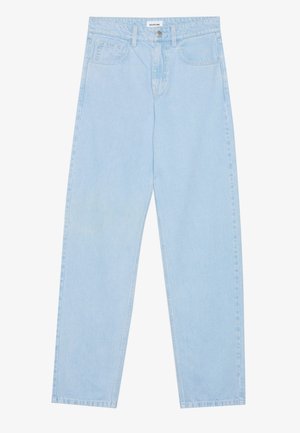 Light blue denim jeans featuring a high waist, straight leg design, front and back pockets, and a button and zipper closure.
