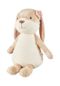 Soft plush rabbit toy with beige and cream fabric. Features a flower accent on one ear, a round face, and embroidered facial details.