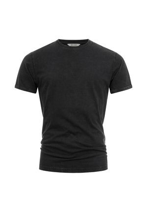 Sort T-shirt med korte ærmer og rund hals, let krøllet, vist på en ensartet hvid baggrund.