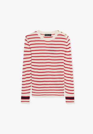 Pull à manches longues blanc à côtes avec rayures rouges horizontales, boutons dorés sur l'épaule gauche, et rayures bleu marine et rouges aux poignets.