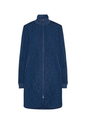 Giacca trapuntata blu navy con colletto alto, chiusura con zip e tasche laterali; presenta un motivo geometrico e polsini a coste.