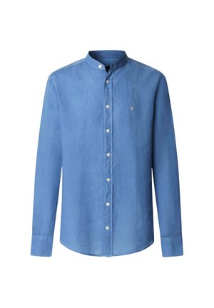 Blue, long-sleeve shirt with a stand-up collar, made of lightweight fabric, featuring a button front and small embroidered logo on the chest.