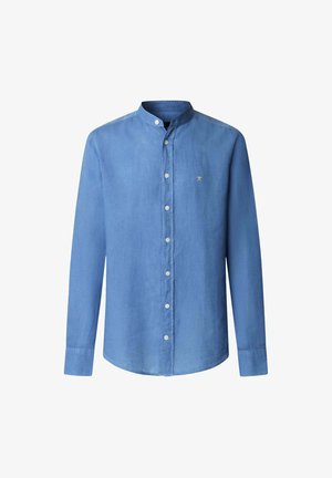 Sininen, pitkähihainen paita, jossa on nostettava kaulus, valmistettu kevyestä kankaasta. Paidassa on nappisuljenta ja pieni brodeerattu logo rinnassa.