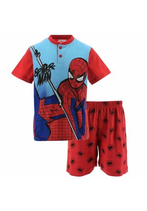 Red and blue kids' pajama set with Spider-Man graphic on shirt and black spider prints on red shorts.