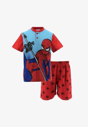Red and blue kids' pajama set with Spider-Man graphic on shirt and black spider prints on red shorts.