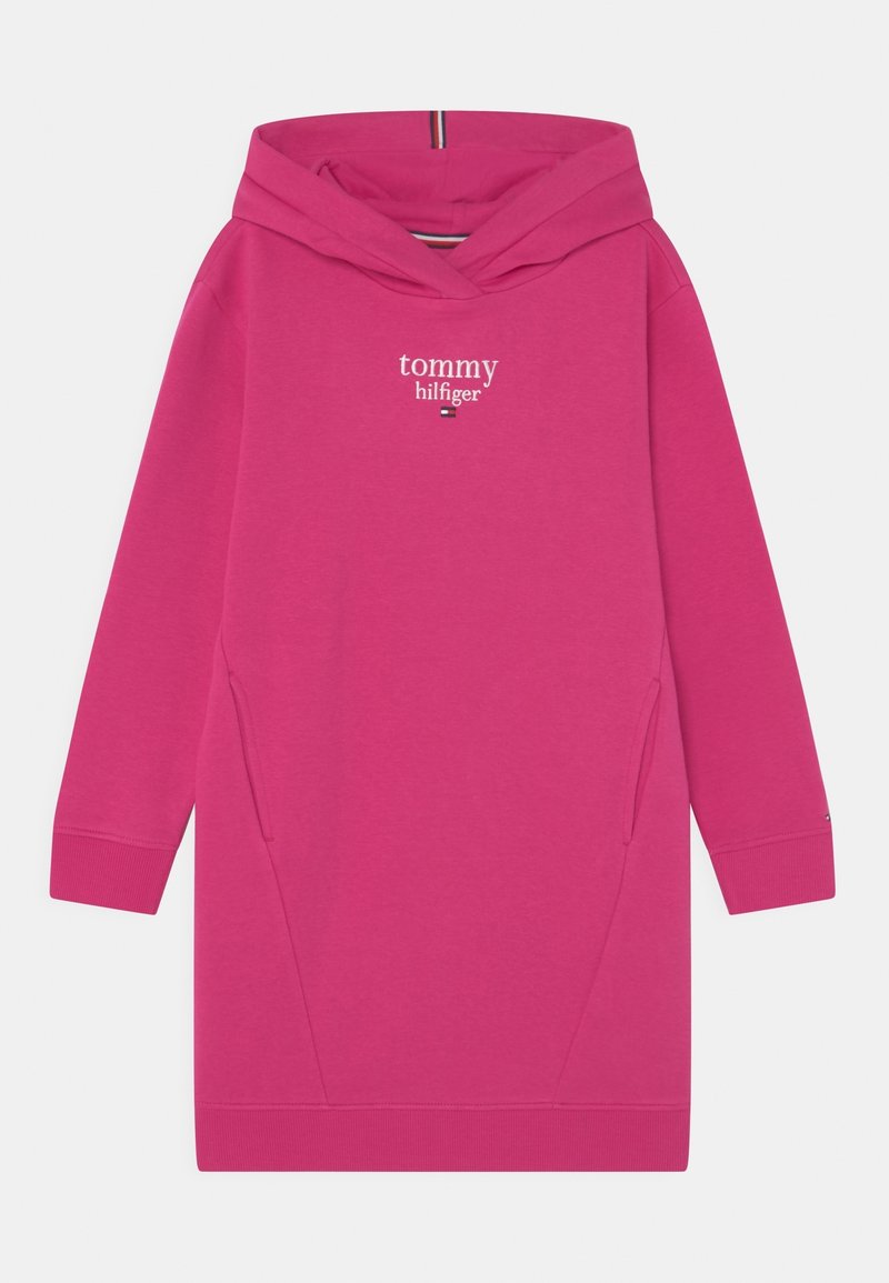 Sweat-shirt à capuche rose avec une coupe décontractée, poches latérales, poignets côtelés et un logo blanc "tommy hilfiger" sur la poitrine. Matière douce.