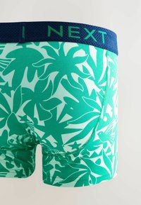 Boxer-briefs verts avec un motif de feuilles botaniques, dotés d'une ceinture élastique bleu foncé avec le texte "NEXT" en vert. Texture de tissu lisse.